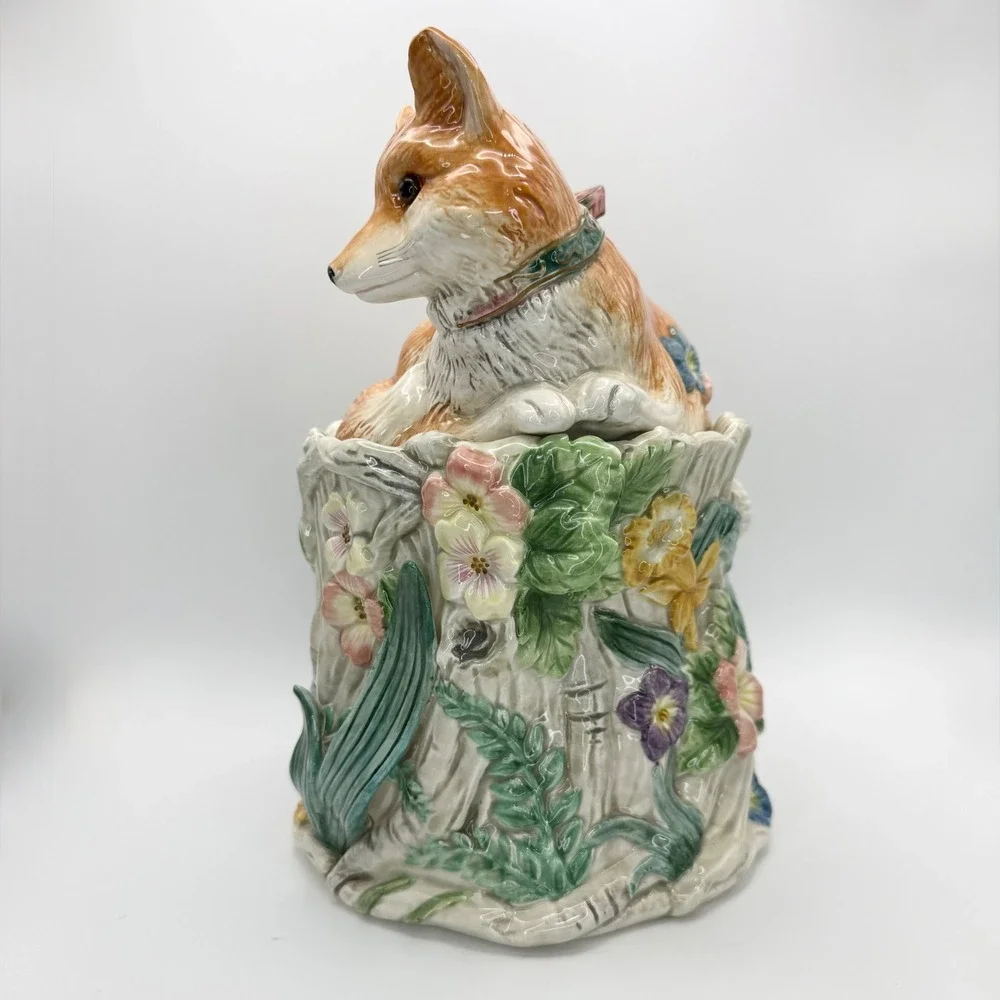 Fitz and Floyd Woodland Spring Fox Cookie Jar Vintage Tree Stump Cottagecore 10